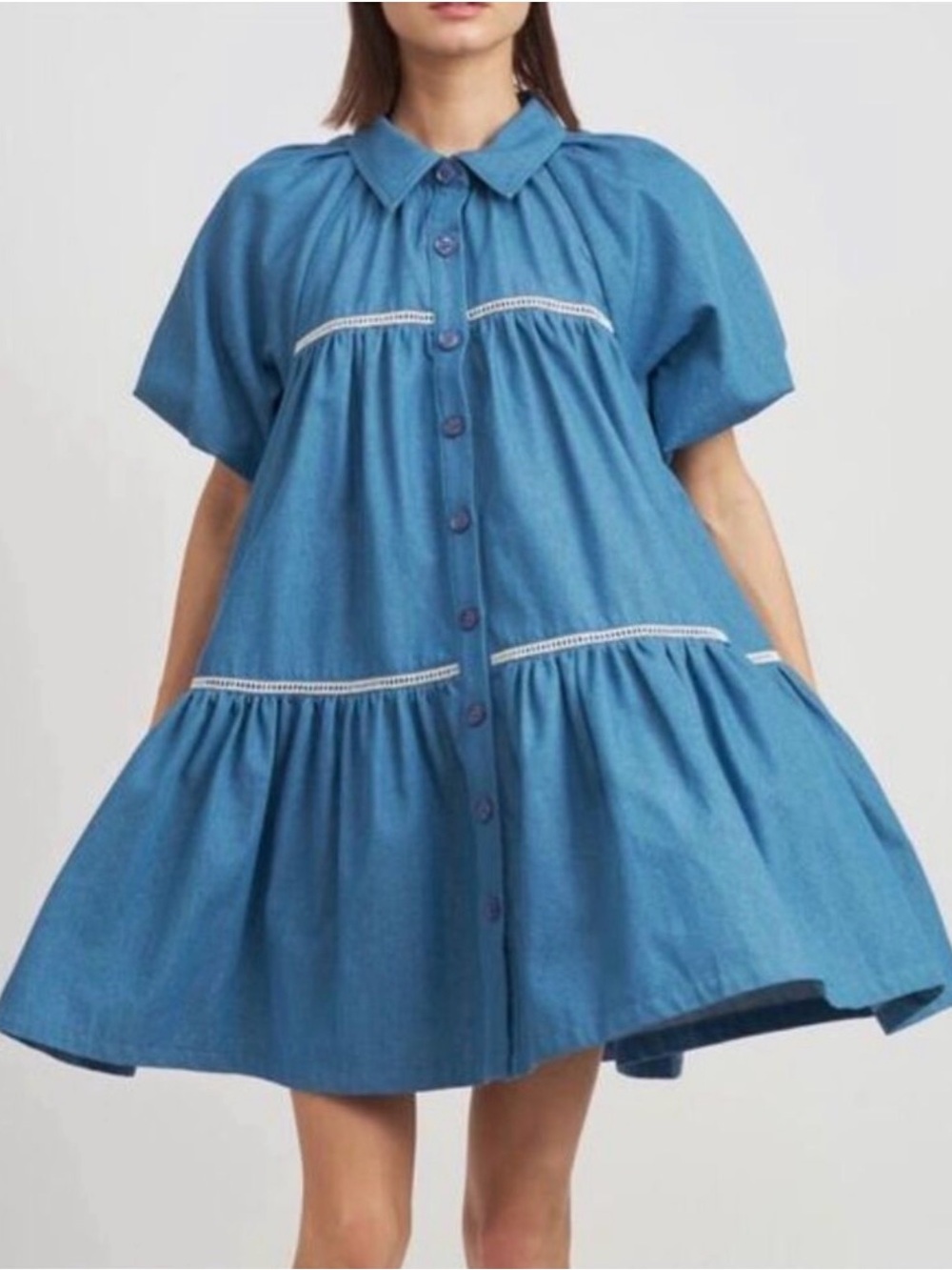 En Saison | XS | Anthropologie Tara tiered cotton trapeze dress blue white dress